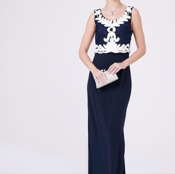 NWT FRANK LYMAN EMBROYDERED MAXI  BACK ZIP SLEEVELESS LINED US6 NAVY IVORY GOWN - Picture 2 of 10